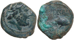 Hispania. Iberia, Carteia. AE 22.5 mm, c. 150-100 BC. Obv. Laureate head of Jupiter right; S behind. Rev. Dolphin right. SNG BM Spain 1693; CNH 20; Bu...