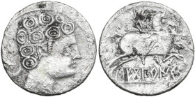 Hispania. Iberia, Sekobirikes. AR Denarius, c. 130-early 1st century BC. Obv. Bare male head right; crescent to left, S behind. Rev. Warrior on horse ...