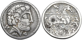 Hispania. Iberia, Turiasu. AR Denarius, early 1st century BC. Obv. Bare male head right; around, Ca, Du and S. Rev. Warrior on horse rearing right, ho...