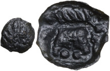 Celtic World. Northeast Gaul, Leuci. Potin Unit, c. 100-50 BC. Obv. Celticized male head left. Rev. Boar standing left; below, three annulets. Cf. DT ...