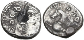 Celtic World. Central Gaul, Sequani. AR Denarius, c. 57-50 BC. Obv. Helmeted head left. Rev. Horse springing left. LT.5405; DT.3245. AR. 1.79 g. 13.00...