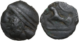 Celtic World. Central Gaul, Sequani. Potin Unit, c. 70-40 BC. Obv. Celticized head with headband to left. Rev. Horned animal with S-shaped tail advanc...