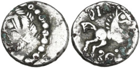 Celtic World. Central Gaul, Aedui. AR Quinarius, c. 52 BC. Obv. Male head left. Rev. Horse galloping right. D&T 3220; Depeyrot, NC IV, 215. AR. 1.91 g...