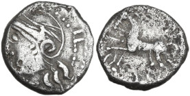 Celtic World. Central Gaul, Lingones. AR Quinarius, c. 1st Century BC. Obv. Head of 'Roma' left, wearing helmet. Rev. Horse galloping left. Scheers, S...