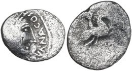 Celtic World. Southern Gaul, Allobroges. AR Quinarius, c. 61-40 BC. Obv. DVRNACOS. Head ot Athena right. Rev. Warrior on horseback right, holding spea...