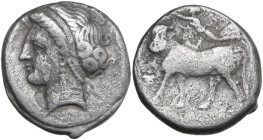 Greek Italy. Central and Southern Campania, Neapolis. AR Nomos, 395-385 BC. Obv. Head of nymph left. Rev. Man-headed bull left; above, Nike flying lef...