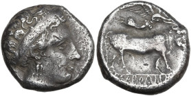 Greek Italy. Central and Southern Campania, Neapolis. AR Nomos, c. 340-326 BC. Obv. Head of nymph right. Rev. Man-headed bull standing right; above, N...