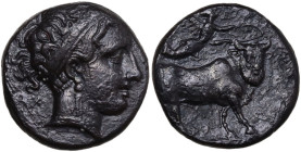 Greek Italy. Central and Southern Campania, Neapolis. AR Nomos, c. 300 BC. Obv. Head of nymph right; X behind neck. Rev. Man-headed bull walking right...