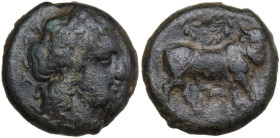 Greek Italy. Central and Southern Campania, Neapolis. AE 15 mm. c. 300-275 BC. Obv. Laureate head of Apollo right; behind, monogram. Rev. Man-faced bu...