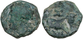 Greek Italy. Central and Southern Campania, Neapolis. AE 16 mm, c. 300-275 BC. Obv. Laureate head of Apollo left. Rev. Man-headed bull walking right; ...