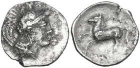 Greek Italy. Northern Apulia, Arpi. AR Diobol, c. 325-275 BC. Obv. Helmeted head of Athena right. Rev. Horse prancing left; traces of ethnic APΠANΩN i...