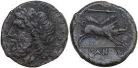 Greek Italy. Northern Apulia, Arpi. AE 21 mm, 325-275 BC. Obv. Laureate head of Zeus left. Rev. Boar right; above, spear-head. HN Italy 642; HGC 1 534...