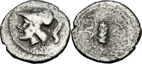 Greek Italy. Northern Apulia, Arpi. AR Obol, 215-212 BC. Obv. Head of Athena left, helmeted. Rev. Barley-ear. HN Italy 648. AR. 0.76 g. 11.00 mm. Abou...