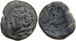 Greek Italy. Northern Apulia, Ausculum. AE 19 mm. c. 240 BC. Obv. Head of Herakles left, wearing lion skin, club on shoulder. Rev. AYCKΛA. Nike standi...
