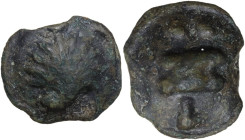 Greek Italy. Northern Apulia, Luceria. AE Cast Biunx, c. 217-212 BC. Obv. Scallop shell. Rev. Astragalus; in field, two pellets, below, L. HN Italy 67...