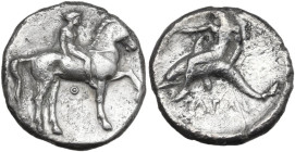 Greek Italy. Southern Apulia, Tarentum. AR Nomos, 365-355 BC. Obv. Youth on horseback right; beneath, Θ. Rev. ΤΑΡΑΣ. Dolphin rider left. HN Italy 879;...