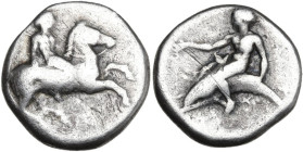 Greek Italy. Southern Apulia, Tarentum. AR Nomos, c. 385-380 BC. Obv. Nude youth on horse leaping right. Rev. Phalanthos, nude, holding kantharos, rid...