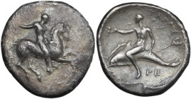 Greek Italy. Southern Apulia, Tarentum. AR Nomos, 332-302 BC. Obv. Horseman right, holding whip. Rev. ΤΑΡΑΣ. Horseman riding on dolphin left, holding ...