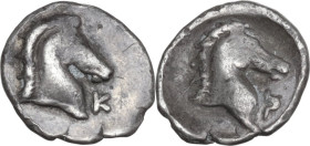 Greek Italy. Southern Apulia, Tarentum. AR Three-Quarter Obol, c. 325-280 BC. Obv. Head horse right; Κ to right. Rev. Head horse right; Ω to right. HN...