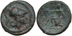 Greek Italy. Southern Apulia, Tarentum. AE 18 mm, c. 280 BC. Obv. Helmeted head of Athena right. Rev. Herakles seated left on rock, holding skyphos an...