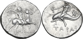 Greek Italy. Southern Apulia, Tarentum. AR Reduced Nomos – Half-Shekel. Punic occupation, c. 212-209 BC. Obv. Warrior, wearing full armor, holding fil...