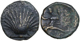 Greek Italy. Southern Apulia, Tarentum. AE 14 mm, c. 275-200 BC. Obv. Scallop shell. Rev. Taras astride dolphin to left, holding kantharos and cornuco...