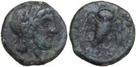 Greek Italy. Northern Lucania, Velia. AE 11mm, late 4th to 2nd century. Obv. Head of Zeus right, laureate. Rev. ΥΕΛΗ. Owl facing, wings open. HN Italy...