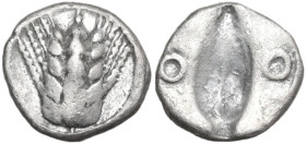 Greek Italy. Southern Lucania, Metapontum. AR Diobol, c. 470-440 BC. Obv. Ear fo barley. Rev. Corn of barley, flanked by two rings. HN Italy 1488; HGC...