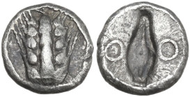 Greek Italy. Southern Lucania, Metapontum. AR Diobol, c. 470-440 BC. Obv. Ear fo barley. Rev. Corn of barley, flanked by two rings. HN Italy 1488; HGC...