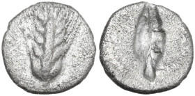 Greek Italy. Southern Lucania, Metapontum. AR Diobol, c. 470-440 BC. Obv. Ear fo barley. Rev. Corn of barley. HN Italy 1488; HGC 1 1075. AR. 0.78 g. 9...