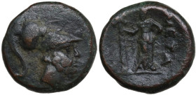 Greek Italy. Southern Lucania, Metapontum. AE 16 mm. c. 225-200 BC. Obv. Head of Leukippos left, wearing crested Corinthian helmet. Rev. META. Demeter...