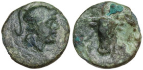 Greek Italy. Southern Lucania, Thurium. AE 9mm, after 300 BC. Obv. Head of Athena right, helmeted. Rev. Bucranium. HN Italy 1922. AE. 0.77 g. 9.00 mm....