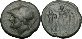 Greek Italy. Bruttium, The Brettii. AE Didrachm, 214-211 BC. Obv. Head of Ares left, helmeted. Rev. Nike standing left, crowning trophy; between, anch...