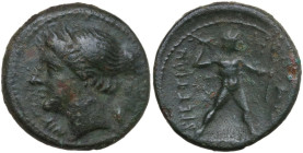 Greek Italy. Bruttium, The Brettii. AE 18 mm, c. 214-211 BC. Obv. Diademed bust of Nike left. Rev. Zeus striding right, brandishing thunderbolt and ho...