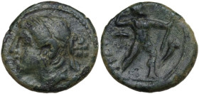 Greek Italy. Bruttium, The Brettii. AE 16 mm, 214-211 BC. Obv. Bust of Nike left. Rev. Zeus striding right, brandishing thunderbolt and holding sceptr...