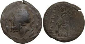 Greek Italy. Bruttium, The Brettii. AE Double Unit (Didrachm), c. 208-203 BC. Obv. Head of Ares left, wearing crested Corinthian helmet; all within ol...