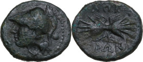 Greek Italy. Bruttium, Locri. AE, c. 317-289 BC. Obv. Head of Athena left, helmeted; behind, pellet. Rev. Thunderbolt. HN Italy 2362. AE. 4.74 g. 19.0...