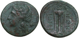 Greek Italy. Bruttium, Rhegion. AE 23.5 mm, c. 260-215 BC. Obv. Laureate head of Apollo left; behind, buckle. Rev. ΡΗΓΙ/ΝΩΝ. Tripod. HN Italy 2543; HG...