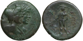 Greek Italy. Bruttium, Rhegion. AE Triens, c. 215-150 BC . Obv. Jugate busts of the Dioskouroi right. Rev. ΠΗΓΙΝΩΝ. Hermes standing left, holding bran...