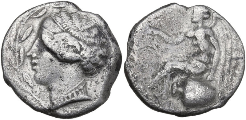 Greek Italy. Bruttium, Terina. AR Nomos, c. 440-425 BC. Obv. Female head left, w...