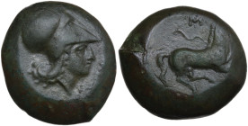 Sicily. Aitna. AE c. 355-339 BC. Obv. Head of Athena in Corinthian helmet right. Rev. Horse galopping right, trailing reins. M above. HGC 2 72; CNS II...