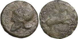 Sicily. Entella. Campanian Mercenaries. AE 13.5 mm, c. 342/1-339 BC. Obv. Campanian helmet left. Rev. Horse right. HGC 2 255; CNS I 5. AE. 1.42 g. 14....