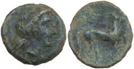 Sicily. Eryx. AE 15 mm, 4th Century BC. Siculo-Punic coinage. Obv. Female head right. Rev. Horse prancing right. HGC 2 326. AE. 2.80 g. 15.00 mm. Abou...