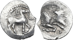 Sicily. Gela. AR Litra, 465-450 BC. Obv. Horse standing right; above, wreath. Rev. Forepart of man-headed bull right. SNG Cop. 274; SNG ANS 54. AR. 0....