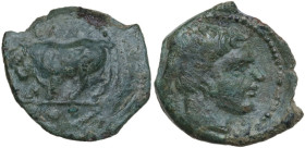 Sicily. Gela. AE Tetras, c. 420-405 BC. Obv. Bull advancing left. Rev. Head of Gelas right. HGC 2 379. AE. 4.00 g. 19.00 mm. Light green patina. Good ...