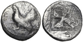 Sicily. Himera. AR Obol c. 530-520 BC. Civic coinage. Obv. Anepigraphic. Hen standing left. Rev. Incuse square with 'mill-sail' or 'Union Jack' device...