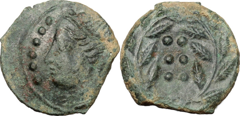 Sicily. Himera. AE Hemilitron, before 407 BC. Obv. Head of nymph left; before, s...