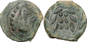 Sicily. Himera. AE Hemilitron, before 407 BC. Obv. Head of nymph left; before, six pellets (mark of value). Rev. Six pellets (mark of value) within wr...