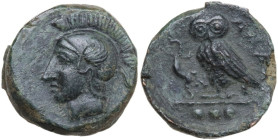 Sicily. Kamarina. AE Tetras, 425-405 BC. Obv. Head of Athena left, wearing helmet decorated with wing. Rev. Owl standing left, head facing, wigs close...