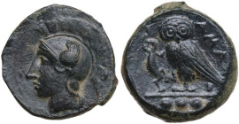 Sicily. Kamarina. AE Tetras, 425-405 BC. Obv. Head of Athena left, wearing helmet decorated with wing. Rev. Owl standing left, head facing, wigs close...